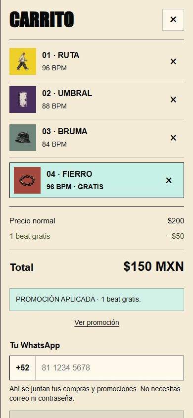 Carrito mostrando un beat gratis y el total antes de pagar